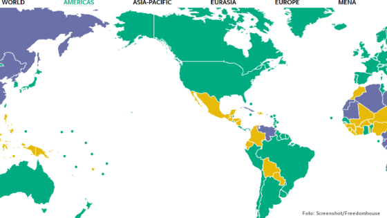 Auf der Weltkarte der "Freedom House" sind die "unfreien" Länder lila markiert. In Lateinamerika trifft das auf zwei Länder zu. Foto: Screenshot/Freedomhouse