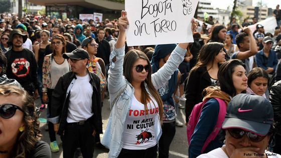 Kreativ aber zum Teil auch handgreiflich gingen die Demonstranten in Bogota gegen die Stierkampfbesucher vor. Foto: Tobias Käufer.
