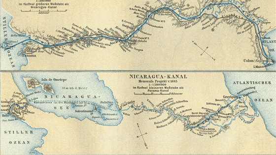 Entwürfe zu Panama-Kanal (oben) und Nicaragua-Kanal (um 1888).