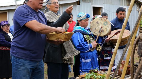 Mapuche feiern ein Llellipun, einer Art Morgengebet mit Gesängen und Opfergaben. Foto: Adveniat/Hoch