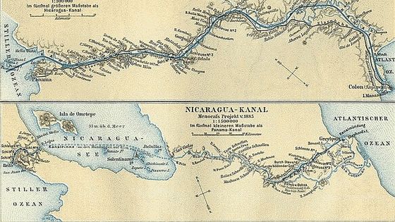 Entwürfe zu Panama-Kanal (oben) und Nicaragua-Kanal (um 1888). Foto: Tobias Eder, CC BY 2.0.