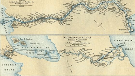 Der Verlauf des Nicaragua-Kanals auf einem alten Plan - zum Vergleich ist oberhalb der Panama-Kanal zu sehen. Foto: Tobias Eder, CC BY 2.0.