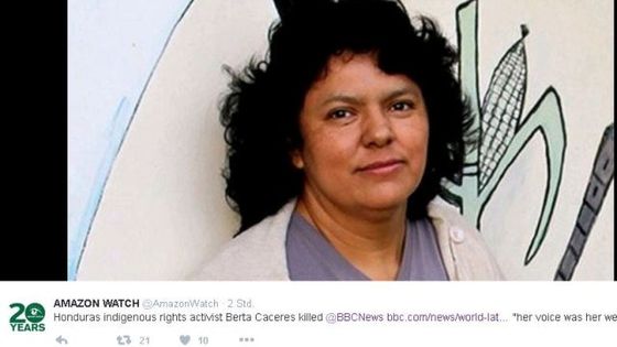 Ihr Einsatz für Menschenrechte kostete sie das Leben. Berta Caceres wurde am 3. März 2016 in Honduras ermordet. Foto: Twitter/AmazonWatch