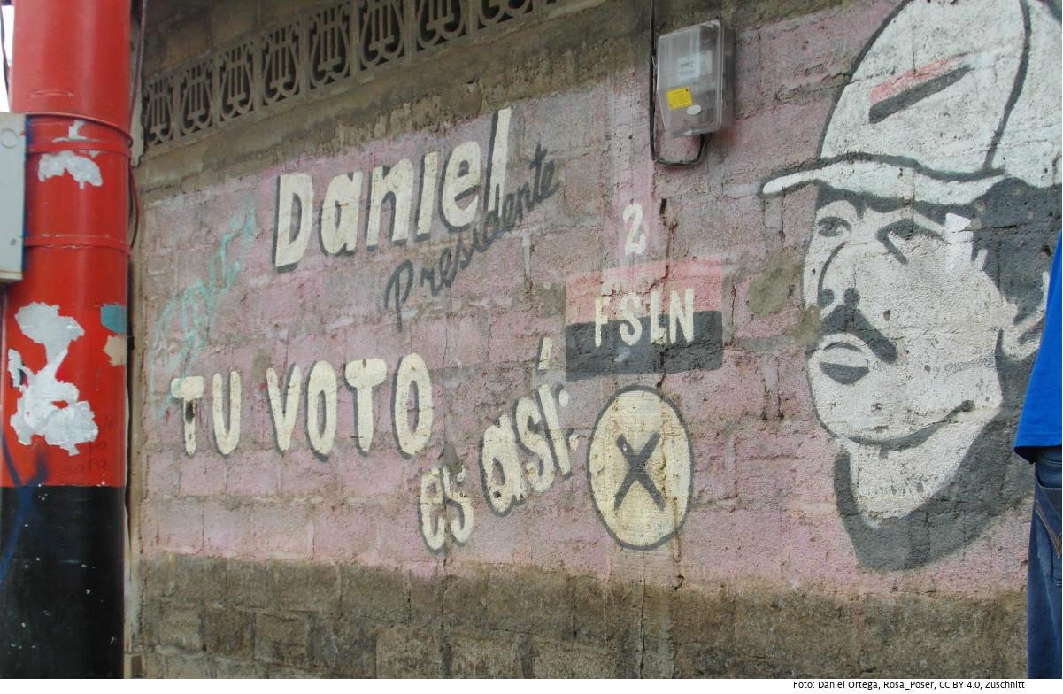 Wahlwerbung für Daniel Ortega. Foto: Daniel Ortega, Rosa_Poser, CC BY 4.0​​​​​​​, Zuschnitt