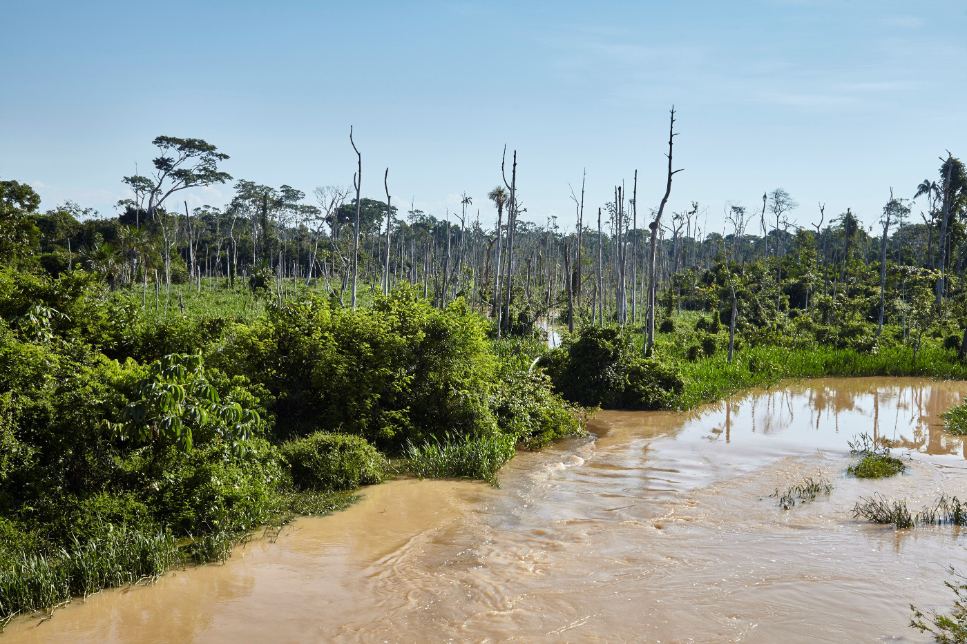 Folgen der Zerstörung des Amazonas-Regenwaldes im illegalen Goldgräbercamp La Pampa in der Pufferzone zum Nationalpark Bahuaja-Sonene im Südosten Perus. Foto: Adveniat/Tina Umlauf